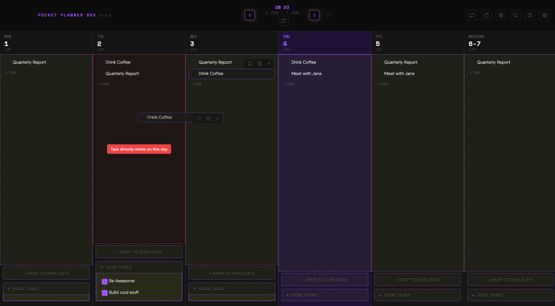 Pocket Planner task copy and duplication prevention dialog