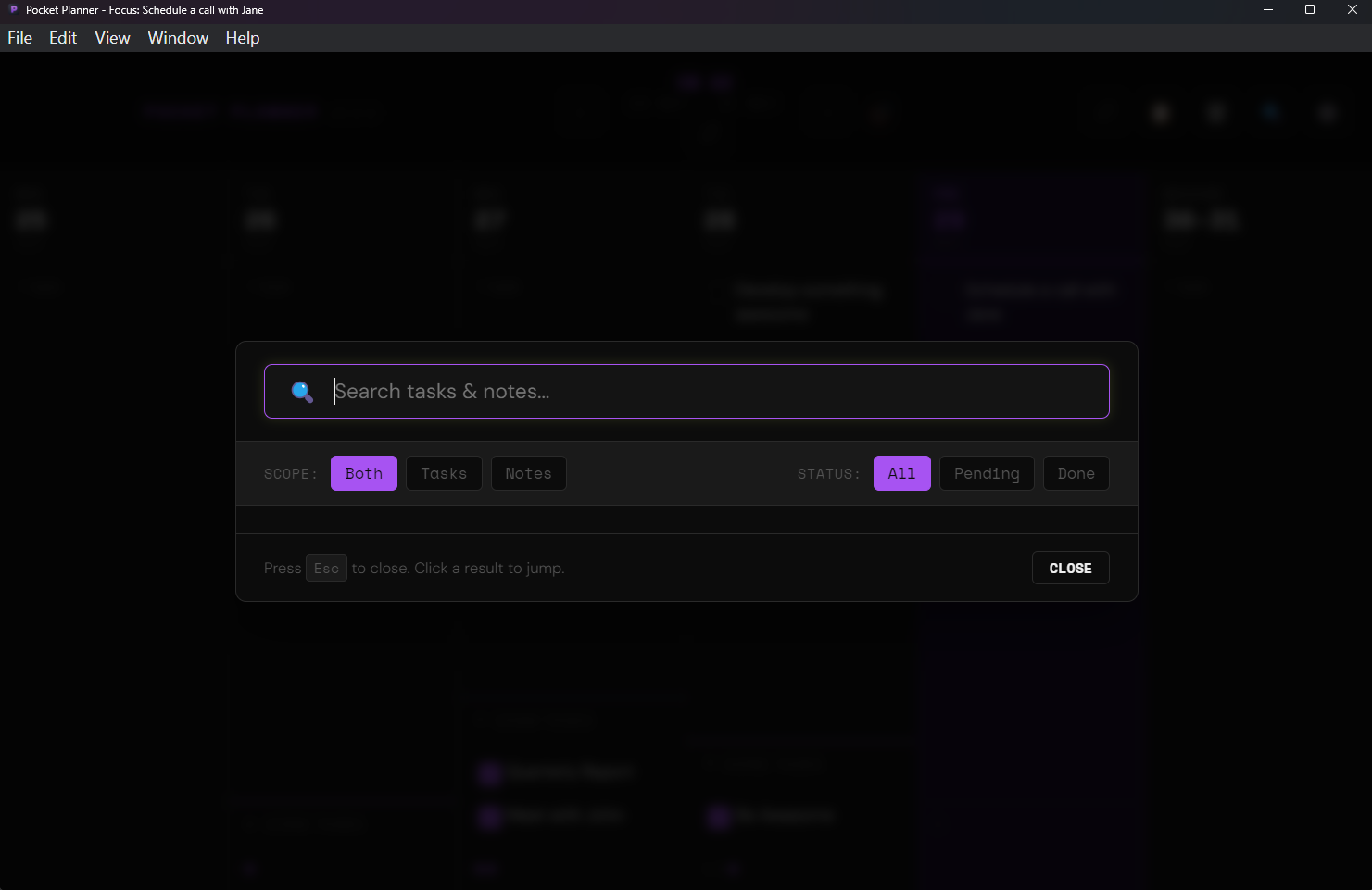 Pocket Planner Global Search command menu
