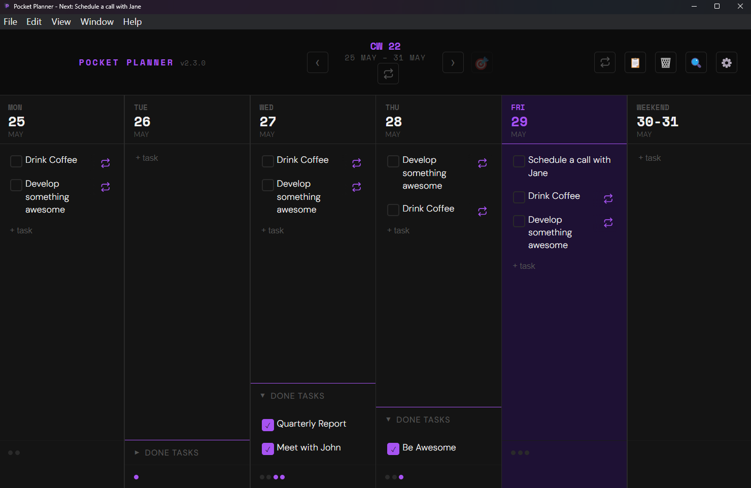 Pocket Planner Recurring Tasks list overview
