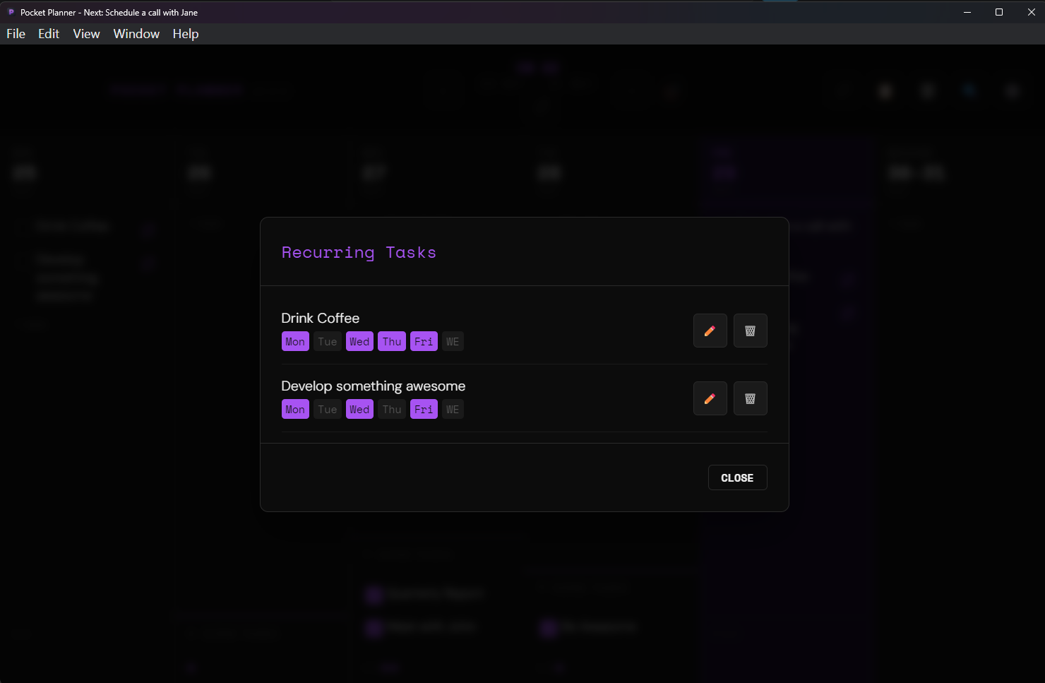 Pocket Planner Recurring Tasks management panel