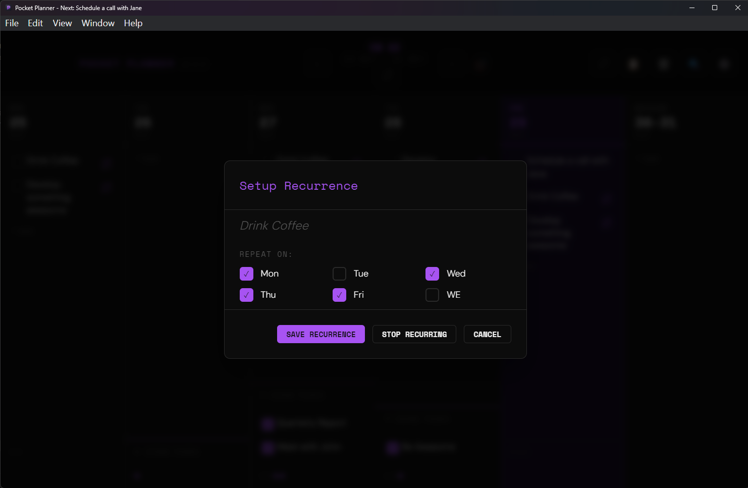 Pocket Planner Recurrence Schedule setup