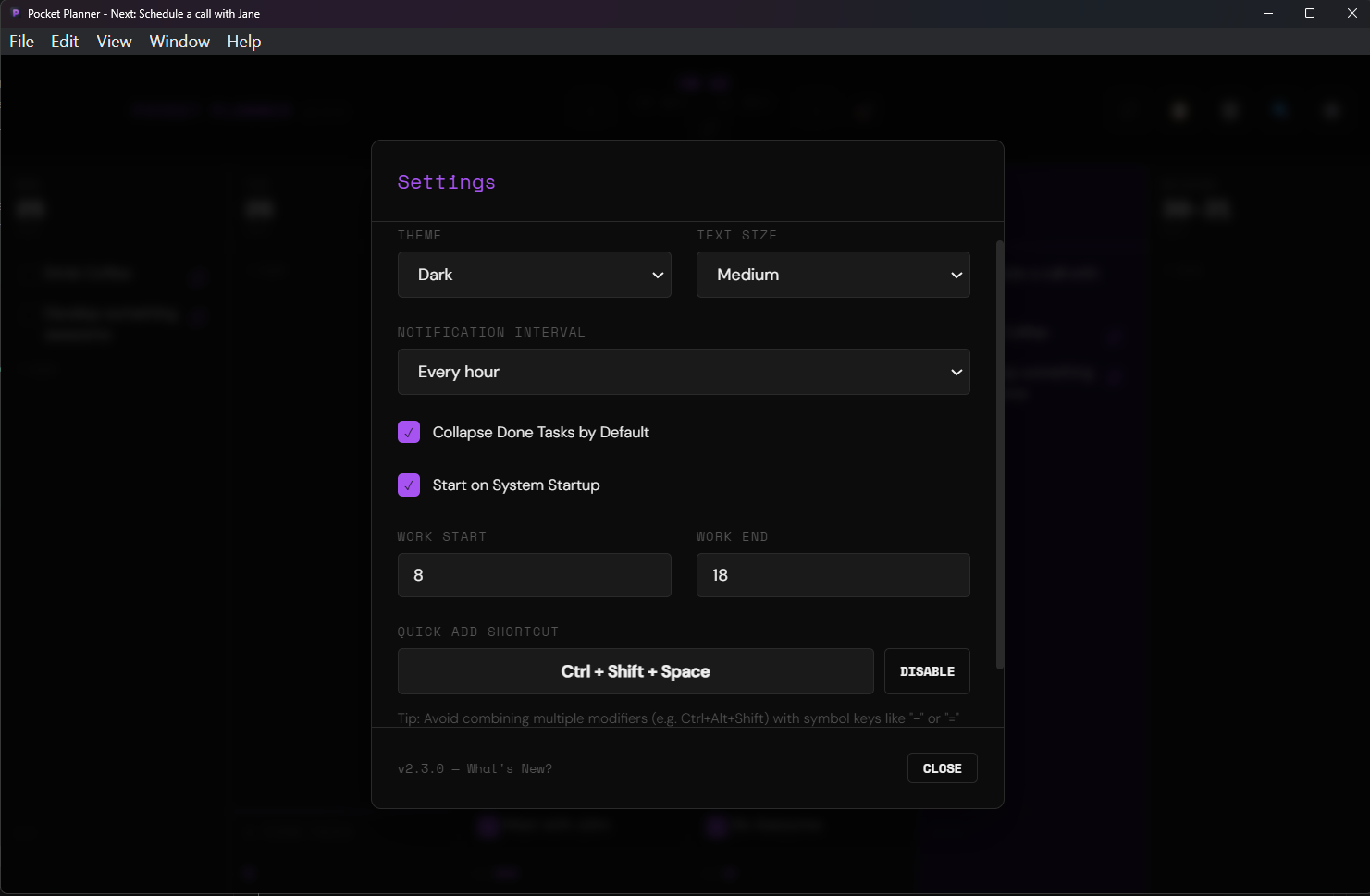 Pocket Planner Application Settings